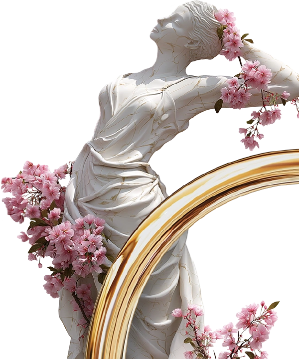 Classical statue with cherry blossoms and gold accent